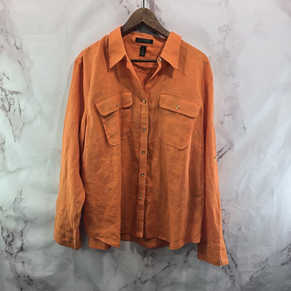 LRL Ralph Lauren Shirt Womens 2X Orange Button Up Linen Long Roll Tab